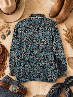 Cowgir hardward Blue Black Floral Rhinestone Button Up Western Shirt. Ladies 3X